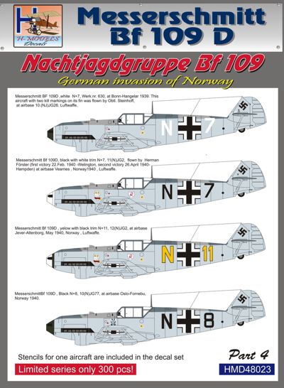 H-Model Decals HMD48023 1:48 Messerschmitt Bf-109D Invasion to Norway, Nachtjagdgruppe Messerschmitt Bf-109, Pt.4