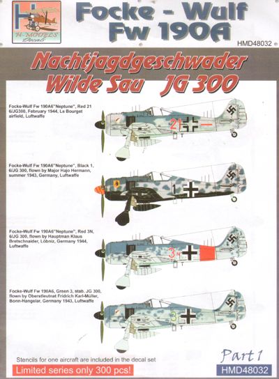 H-Model Decals HMD48032 1:48 Focke-Wulf Fw-190A NJGschw Wilde Sau Jagdgeschwader JG 300, Pt.1