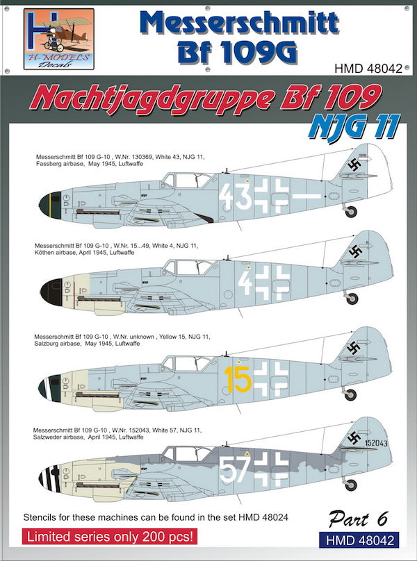 H-Model Decals HMD48042 1:48 Messerschmitt Bf-109G NJG 11 Messerschmitt Bf-109, Pt.6