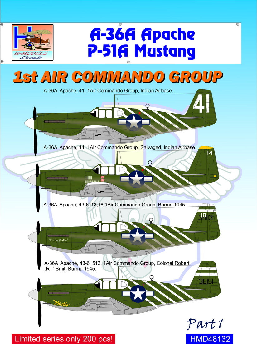 H-Model Decals HMD48132 1:48 North-American A-36/P-51 1st Air Commando Group, Pt.1