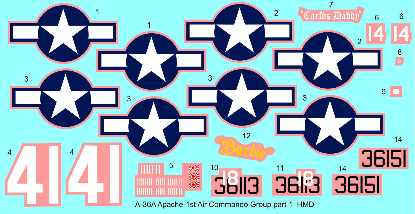 H-Model Decals HMD48132 1:48 North-American A-36/P-51 1st Air Commando Group, Pt.1