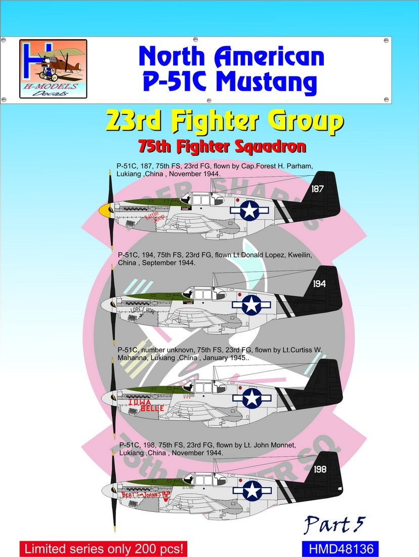 H-Model Decals HMD48136 1:48 North-American P-51C Mustang 23rd Fighter Group, Pt.5