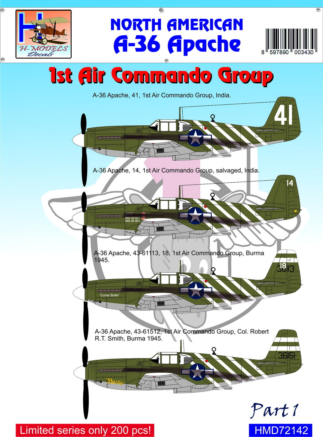 H-Model Decals HMD72142 1:72 North-American A-36 1st Air Commando Group, Pt.1