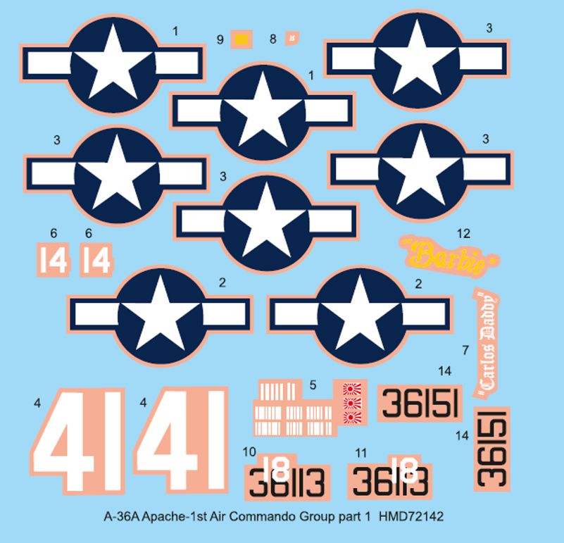 H-Model Decals HMD72142 1:72 North-American A-36 1st Air Commando Group, Pt.1