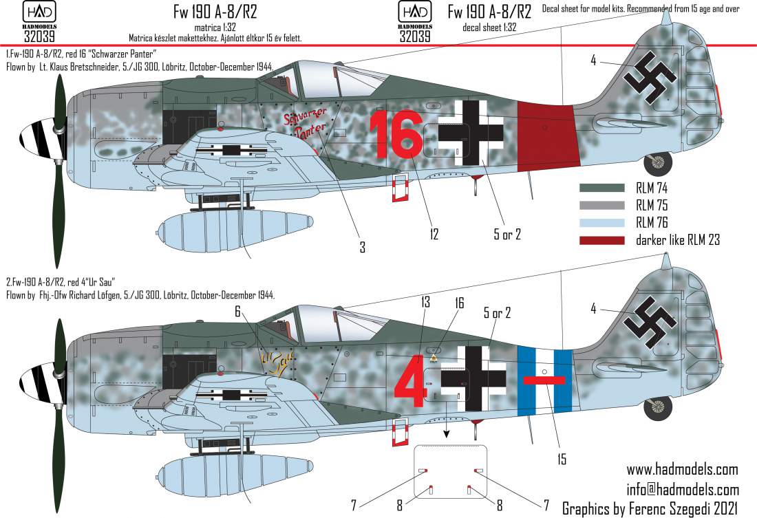 HAD Models 32039R 1:32 Focke-Wulf Fw-190A-8/R2 (RED 4 'ur Sau', RED 16 'SCHWARZER PANTER')