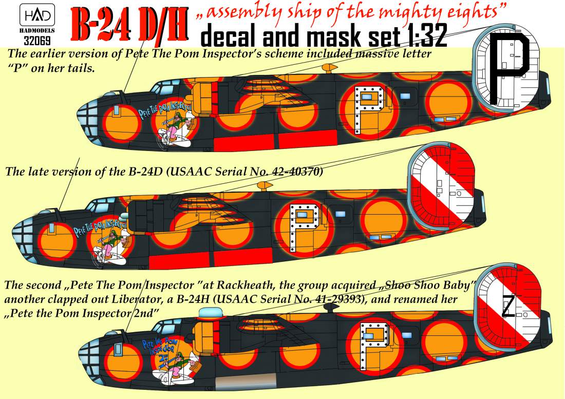 HAD Models 32069 1:32 Consolidated B-24D /H 'Pete the Pom Inspector' decal and mask sheets
