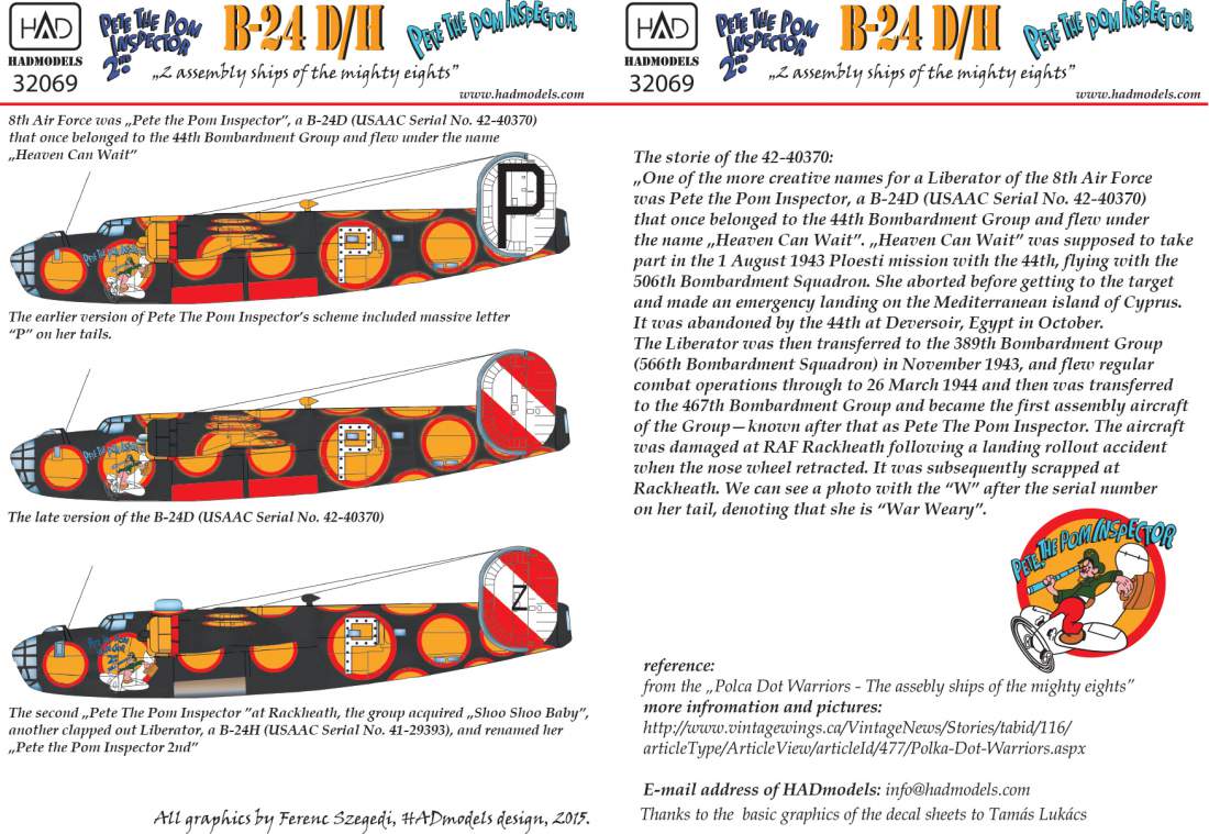 HAD Models 32069 1:32 Consolidated B-24D /H 'Pete the Pom Inspector' decal and mask sheets