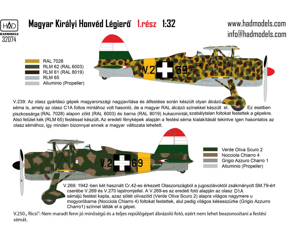 HAD Models 32074 1:32 Fiat CR-42 Hungarian Fighters with Cross insignias