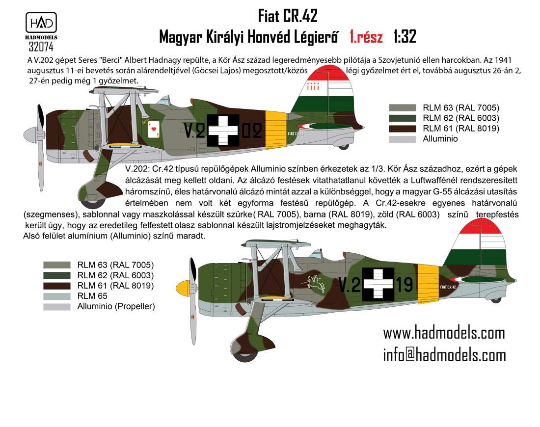 HAD Models 32074 1:32 Fiat CR-42 Hungarian Fighters with Cross insignias