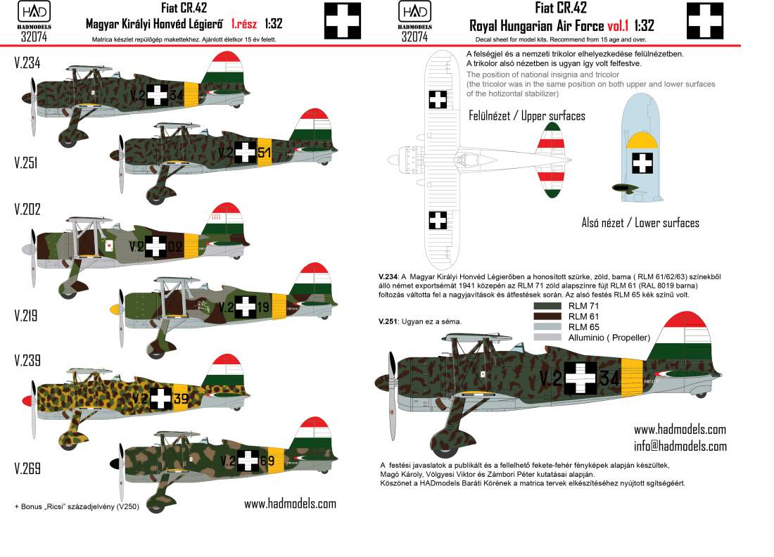 HAD Models 32074 1:32 Fiat CR-42 Hungarian Fighters with Cross insignias