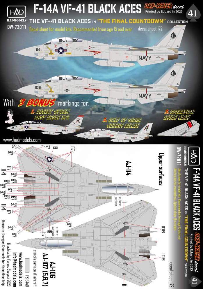 HAD Models DW-72011 1:72 Grumman F-14A VF-41 Black Aces decal sheet