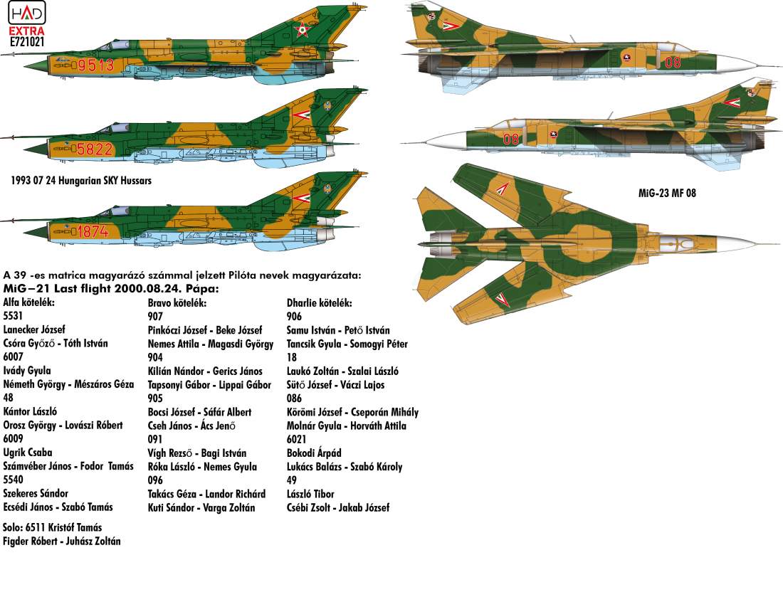 HAD Models E721021 1:72 MiG-21 / MiG-23 Hungarian Air Force individual signs decal sheet