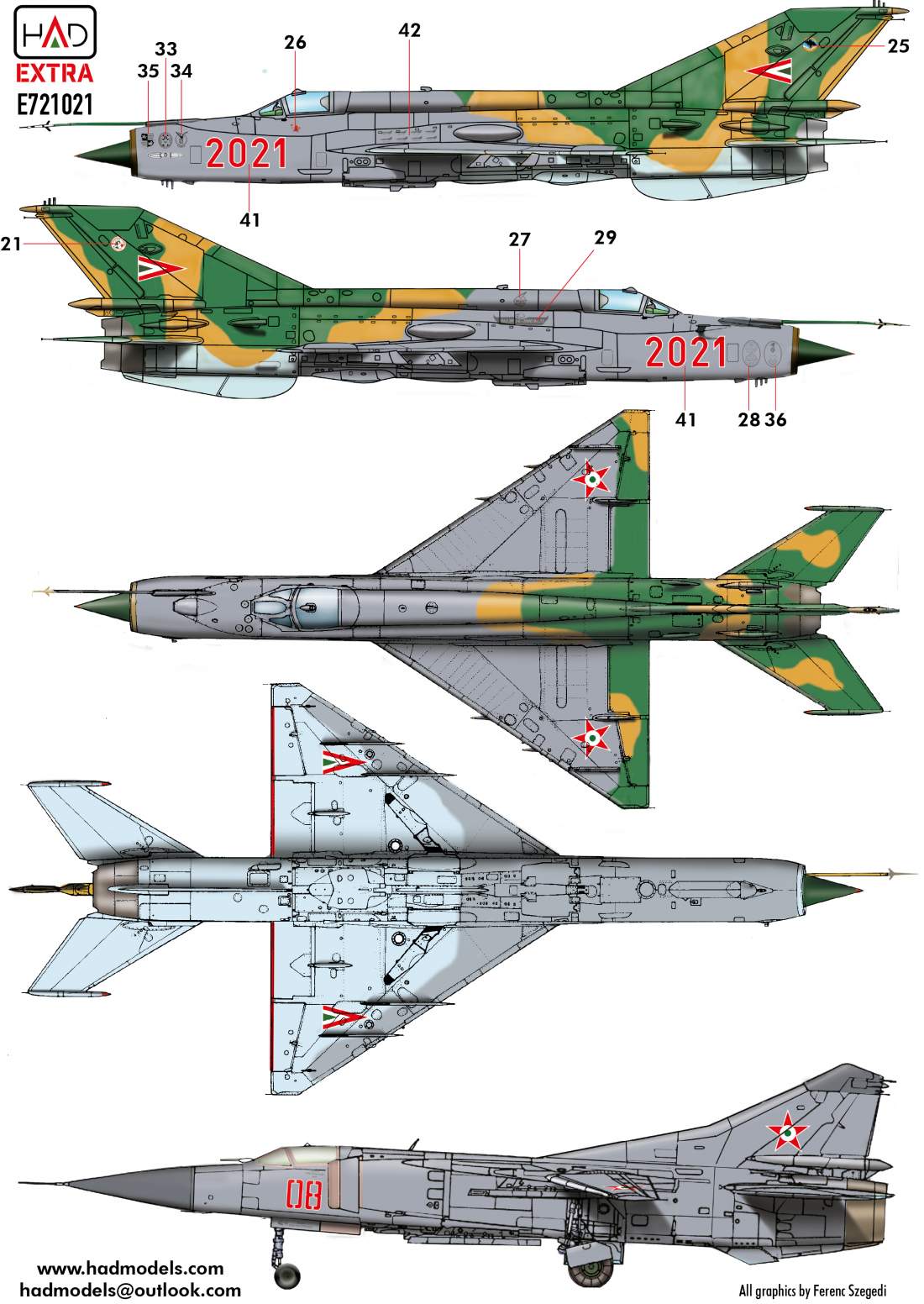 HAD Models E721021 1:72 MiG-21 / MiG-23 Hungarian Air Force individual signs decal sheet