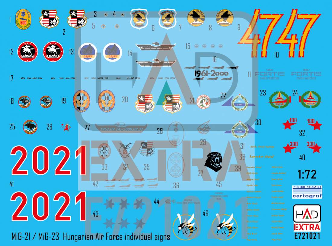 HAD Models E721021 1:72 MiG-21 / MiG-23 Hungarian Air Force individual signs decal sheet