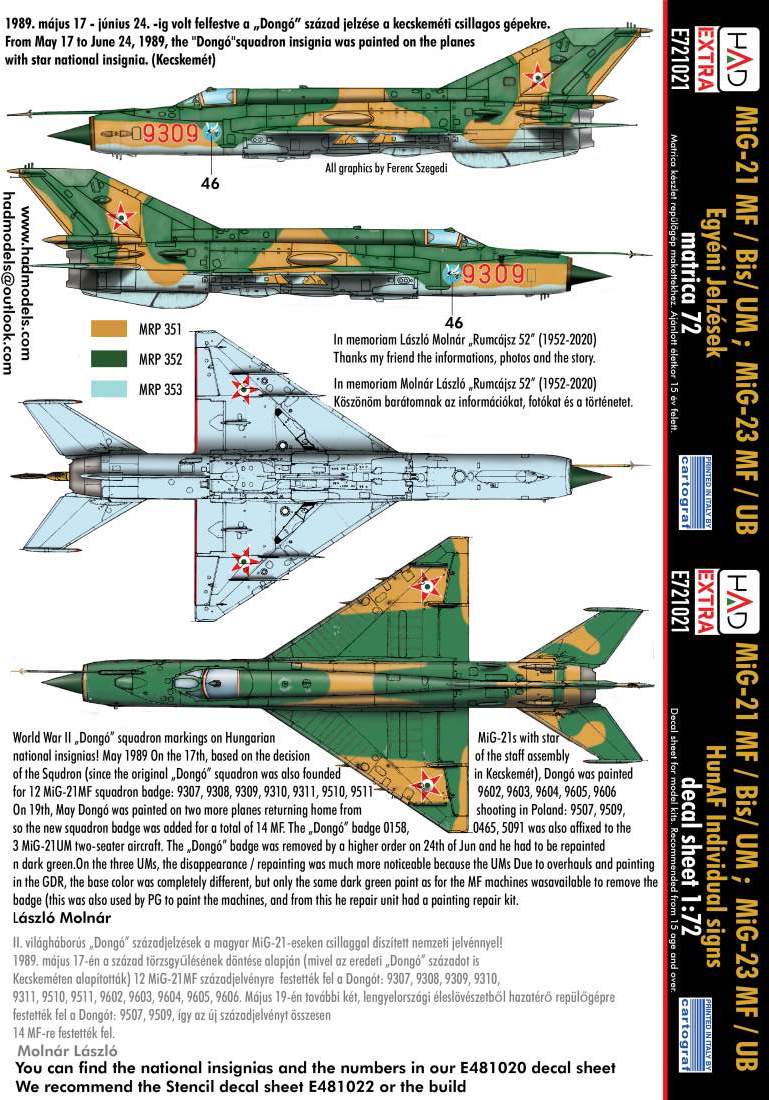 HAD Models E721021 1:72 MiG-21 / MiG-23 Hungarian Air Force individual signs decal sheet