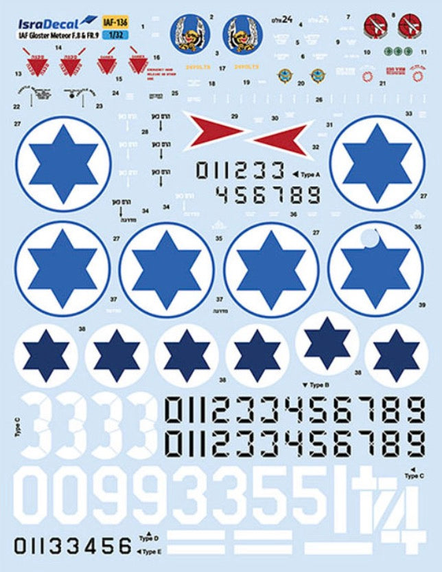 IsraDecal Studio IAF-136 1:32 IAF Gloster Meteor F.8/FR.9 Markings for 117 and 107 Squadrons.
