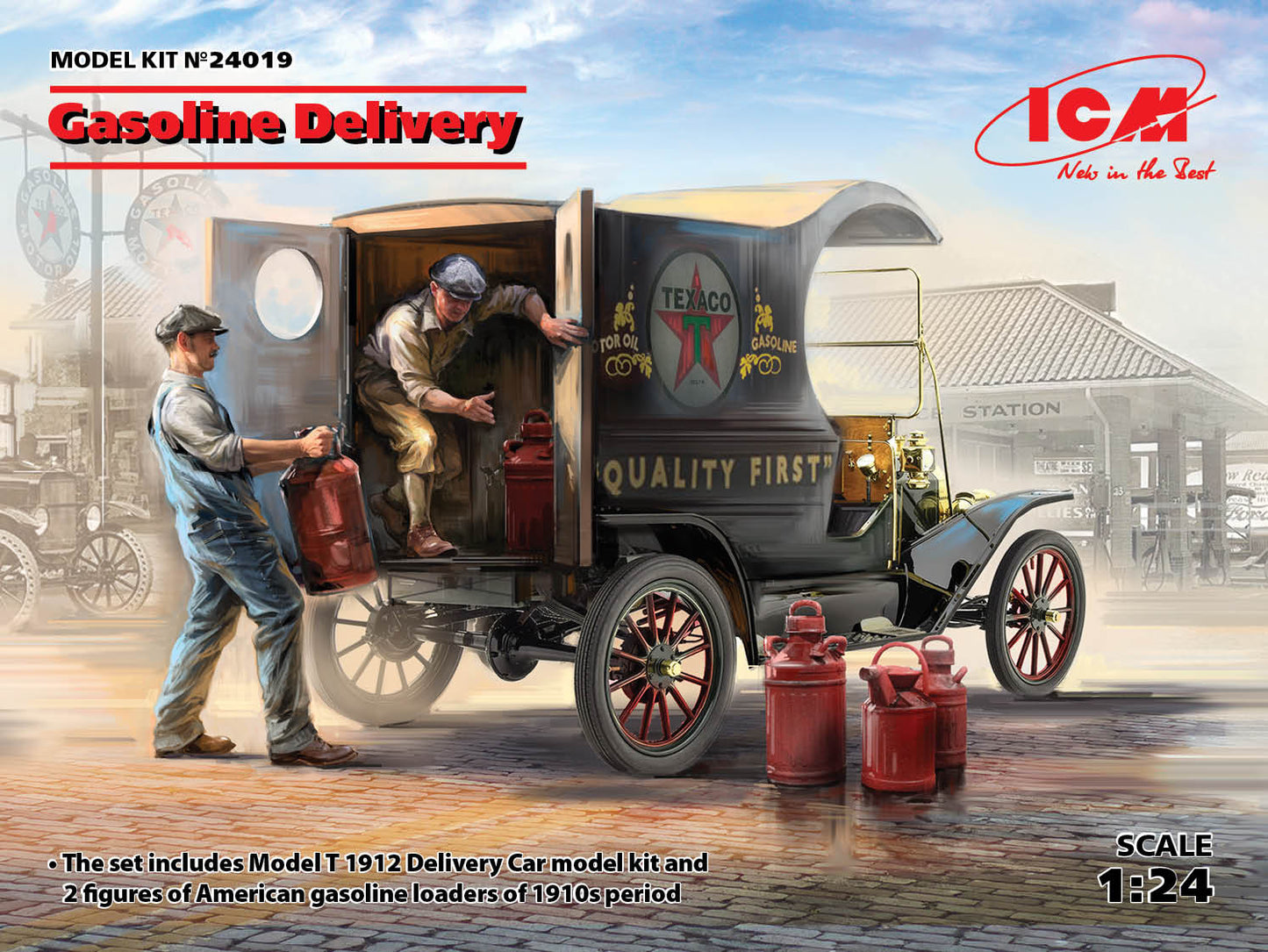 ICM 24019 1:24 Gasoline Delivery Model T 1912 Delivery Car with 2 figures of American Gasoline Loaders