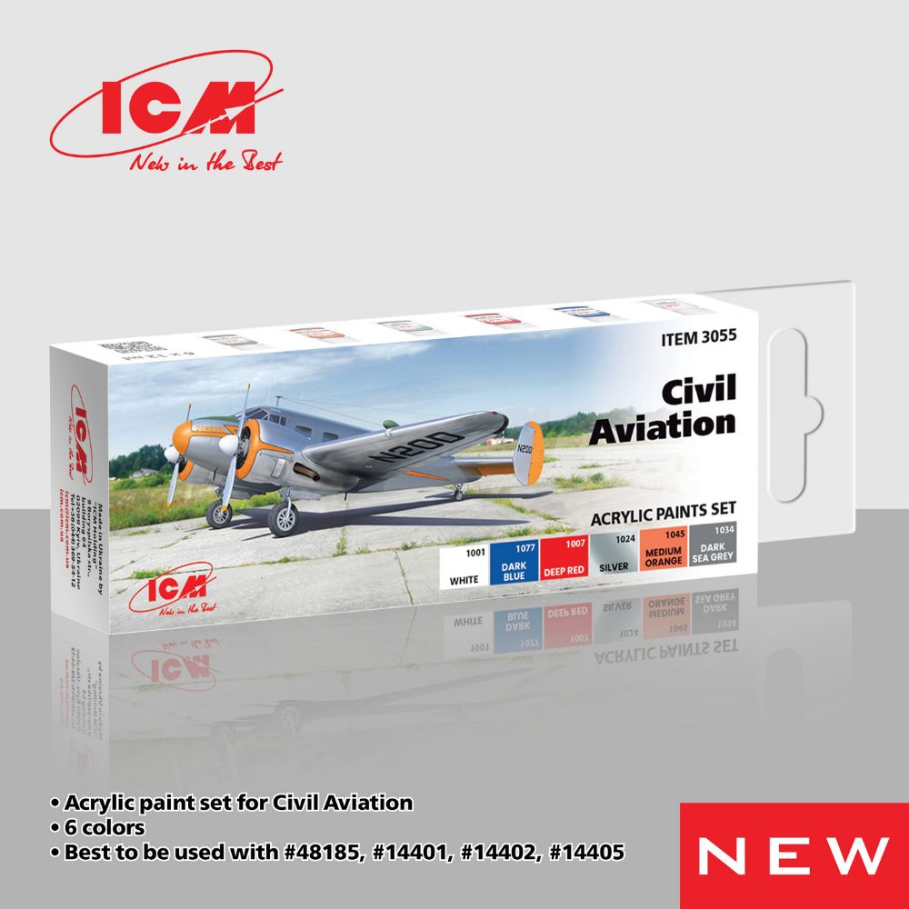 ICM 3055 1:32, 1:35, 1:48, 1:72 Civil Aviation 'acrylic paint set 6 bottles