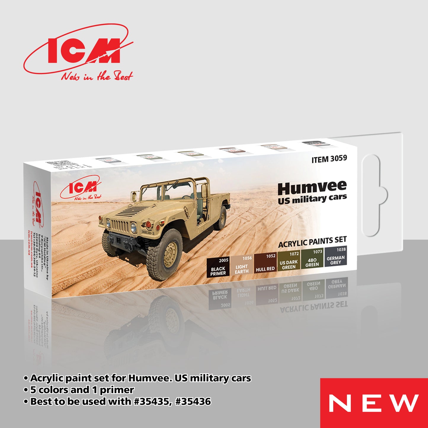 ICM 3059  Humvee M1097A2 and US military cars 'acrylic paint set 6 bottles 12 ml