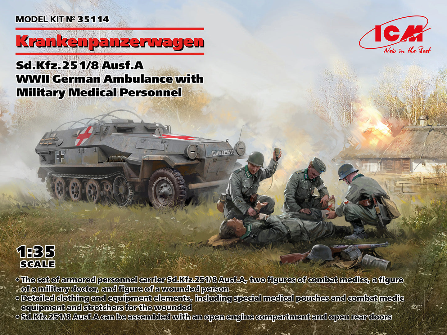 ICM 35114 1:35 Sd.Kfz.251/8 Ausf.A WWII German Ambulance with Military Medical Personnel'