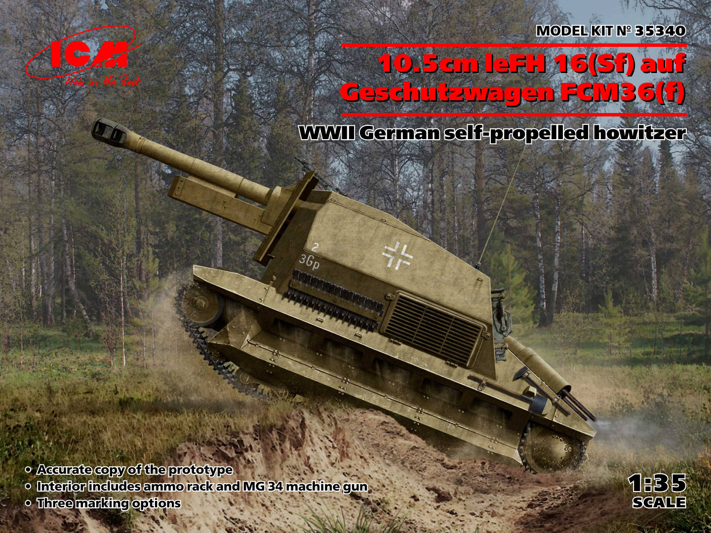 ICM 35340 1:35 10.5cm leFH 16(Sf) auf Geschutzwagen FCM36(f) WWII German Self-Propelled Howitzer