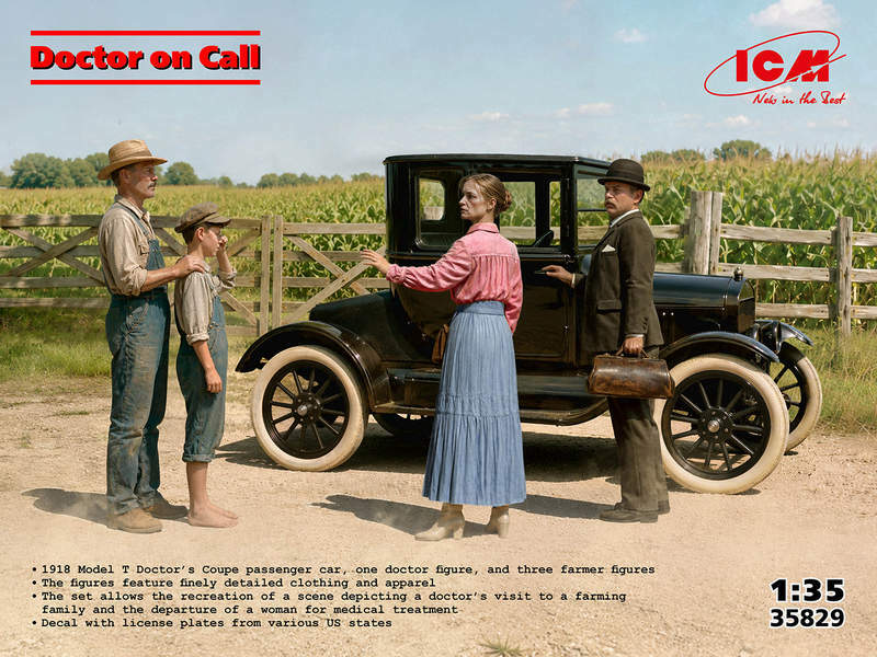 ICM 35829 1:35 Doctor on Call. 1918 Model T Doctors Coupe with one Doctor figure and 3 farmer figures