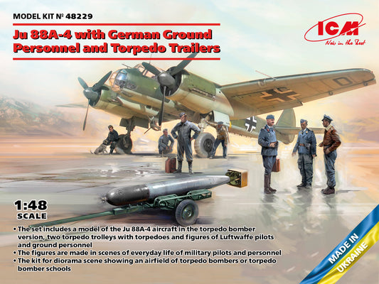 ICM 48229 1:48 Junkers Ju88 A-4 with German Ground Personnel and Torpedo Trailers