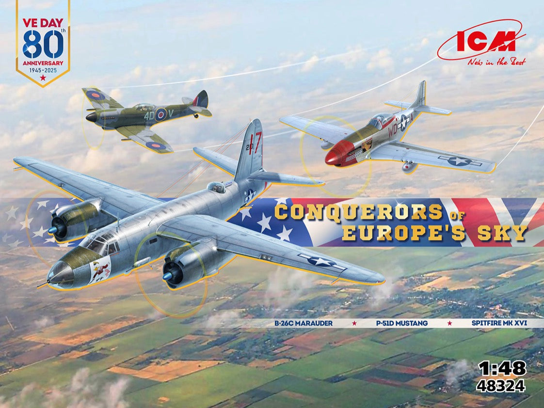 ICM 48324 1:48 Conquerors of Europe's sky. B-26 Marauder, P-51D Mustang and Spitfire Mk.XVI