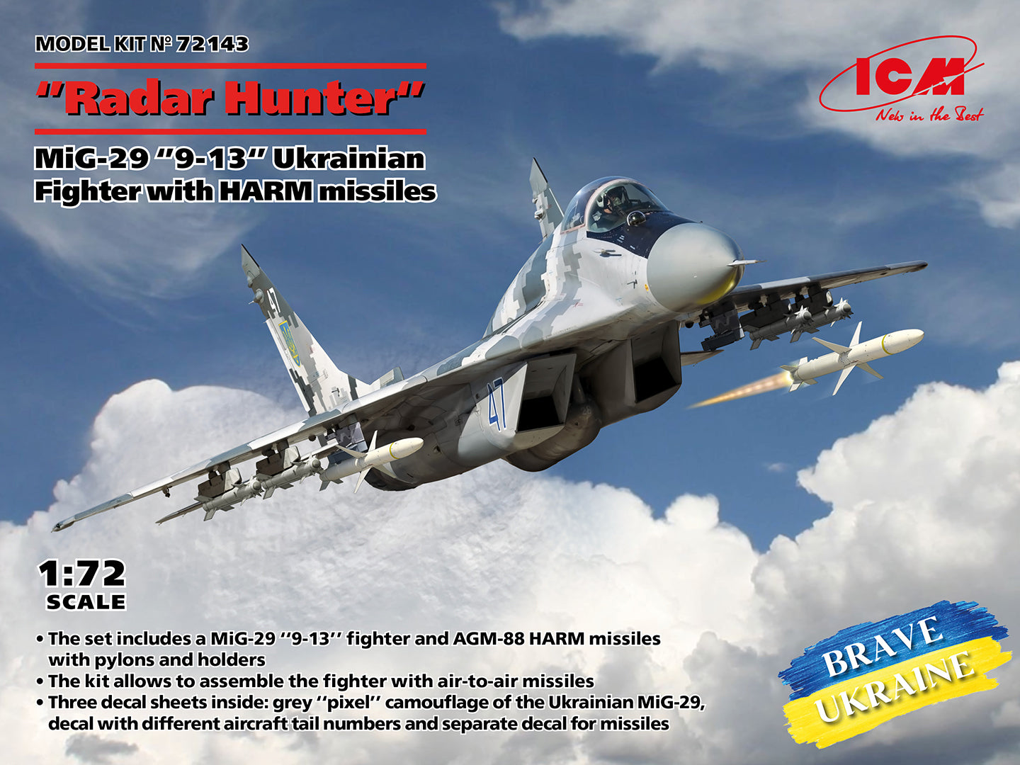 ICM 72143 1:72 'Radar Hunter' Mikoyan MiG-29 '9-13' Ukrainian Fighter w/HARM Missiles