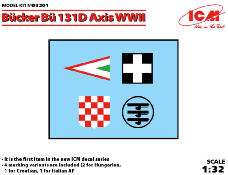 ICM D32001 1:32 Bucker Bu-131D Axis WWII Italy, Croatia and Hungary Decal Sheet