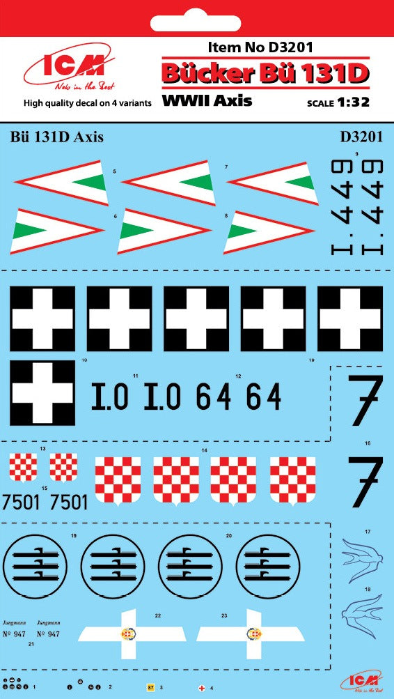 ICM D32001 1:32 Bucker Bu-131D Axis WWII Italy, Croatia and Hungary Decal Sheet