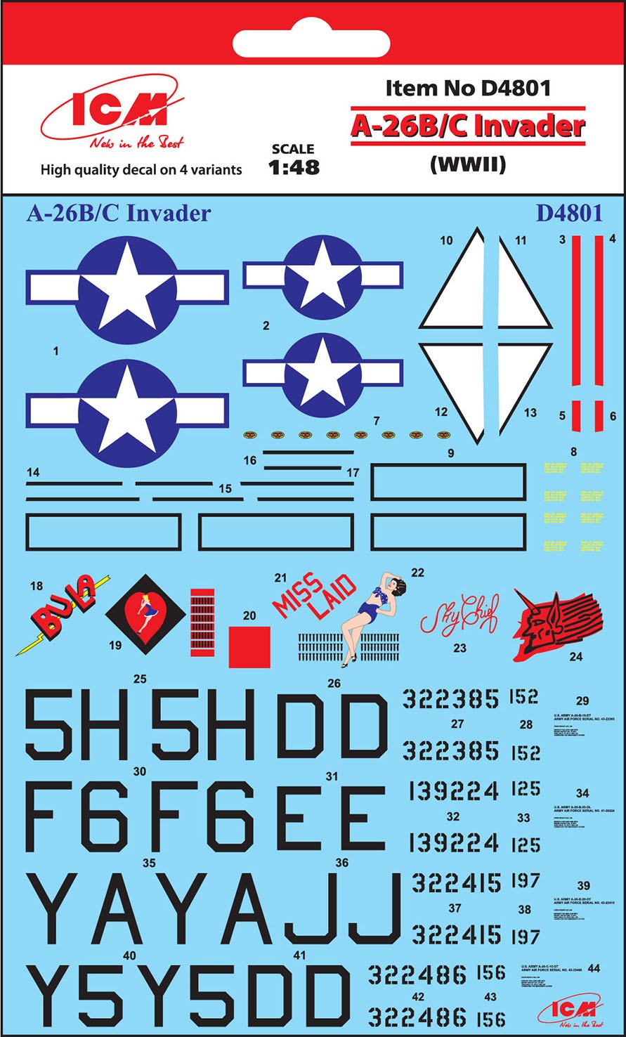 ICM D48001 1:48 Douglas A-26B/C Invader (WWII) Decal Sheet