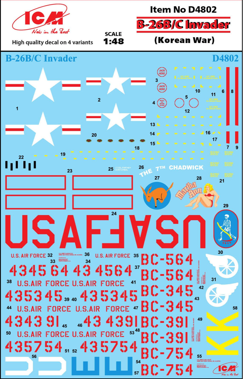 ICM D48002 1:48 Douglas B-26B/C Invader (Korean War) Decal Sheet