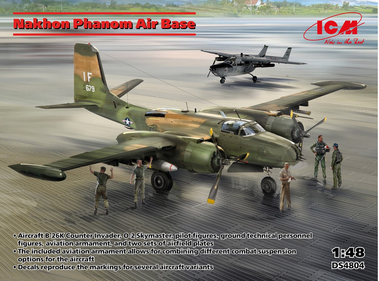 ICM DS4804 1:48 Nakhon Phanom Air Base including O-2A, B-26K, US pilots & ground personnel, airfield matting.