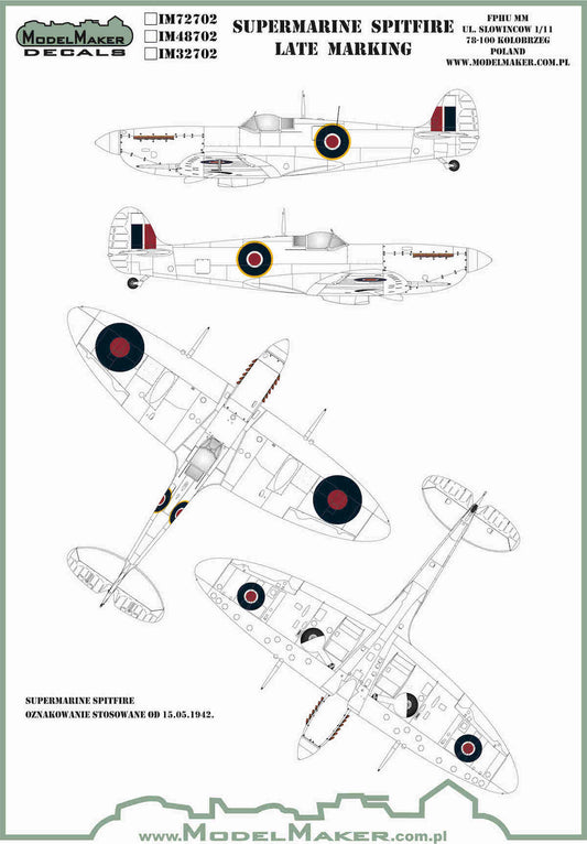 Model Maker Decals IM48702 1:48 Supermarine Spitfire roundels and fin flashes - LATE