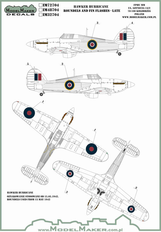 Model Maker Decals IM48704 1:48 Hawker Hurricane roundels and fin flashes – LATE