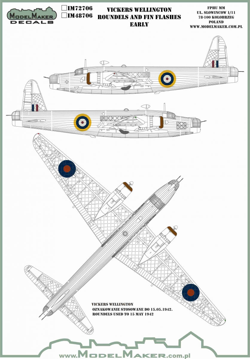 Model Maker Decals IM48706 1:48 VICKERS WELLINGTON ROUNDELS AND FIN FLASHES EARLY
