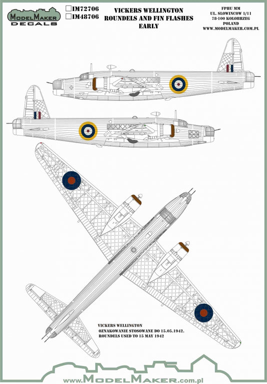 Model Maker Decals IM48706 1:48 VICKERS WELLINGTON ROUNDELS AND FIN FLASHES EARLY