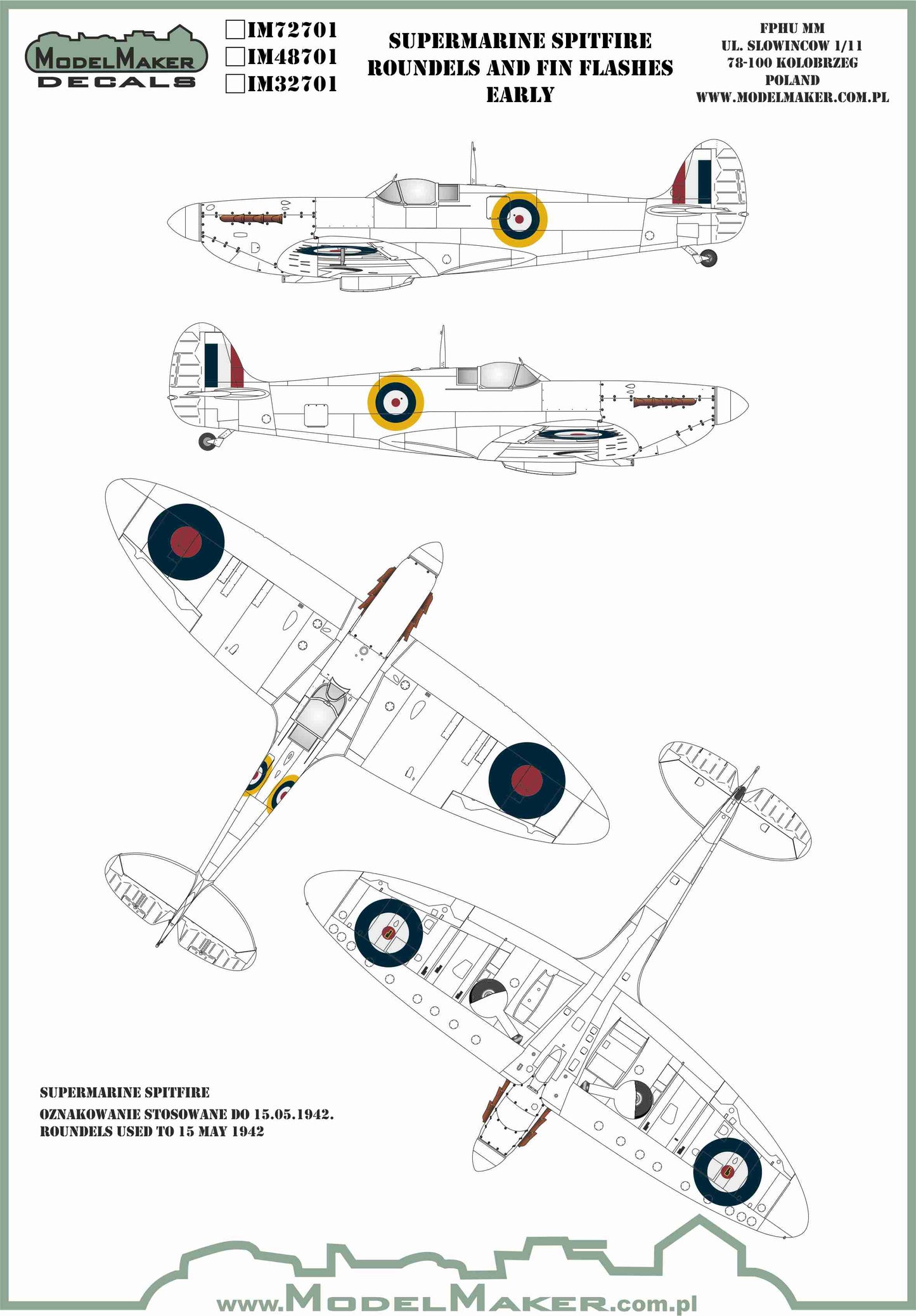 Model Maker Decals IM72701 1:72 Supermarine Spitfire roundels and fin flashes – EARLY