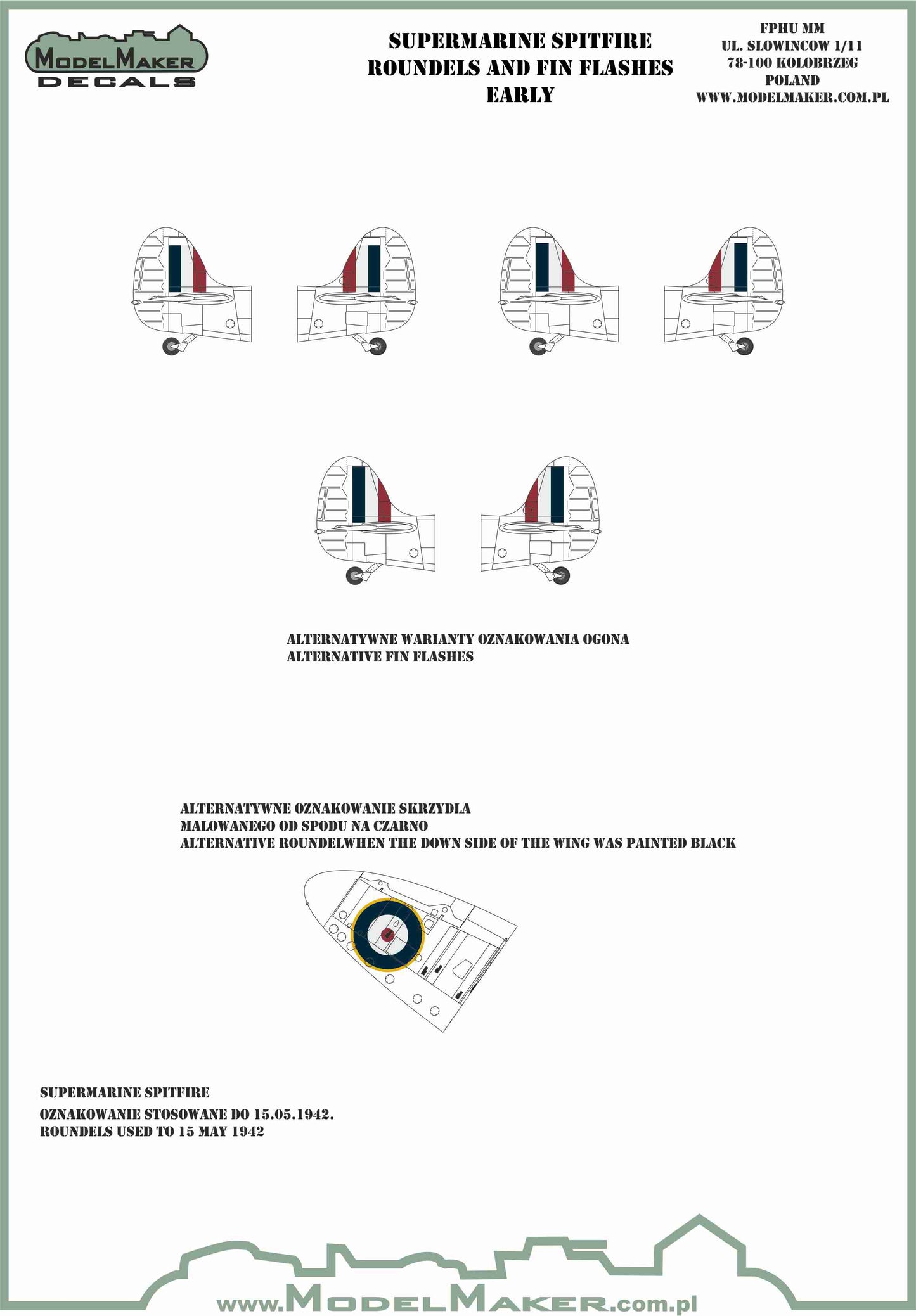 Model Maker Decals IM72701 1:72 Supermarine Spitfire roundels and fin flashes – EARLY