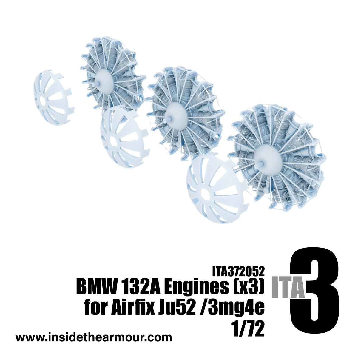 Inside the Armour ITA372052 1:72 BMW 132A engines (x3) for Airfix Ju-52/3mg4e.