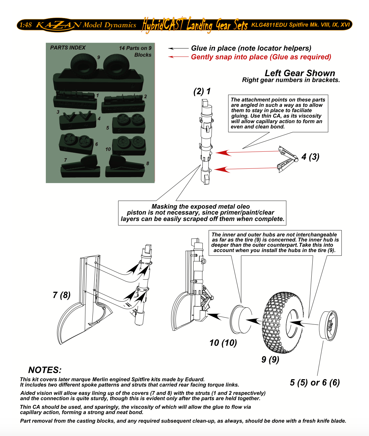 Kazan Model Dynamics KLG4811EDU 1:48 Supermarine Spifire Mk.VIII, Mk.IXc, Mk.IXe, Mk.XVI) Landing Gear Set