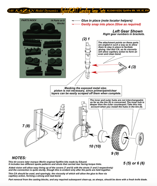 Kazan Model Dynamics KLG4811EDU 1:48 Supermarine Spifire Mk.VIII, Mk.IXc, Mk.IXe, Mk.XVI) Landing Gear Set