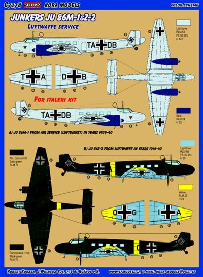 Kora C7278 1:72 Junkers Ju-86M-1 and Ju 86Z-2 Luftwaffe Conversion set