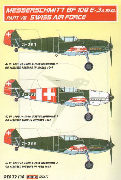 Kora DEC 72138 1:72 Messerschmitt Bf-109E-3A x 3 Emil Part VIII (Swiss Air Force)