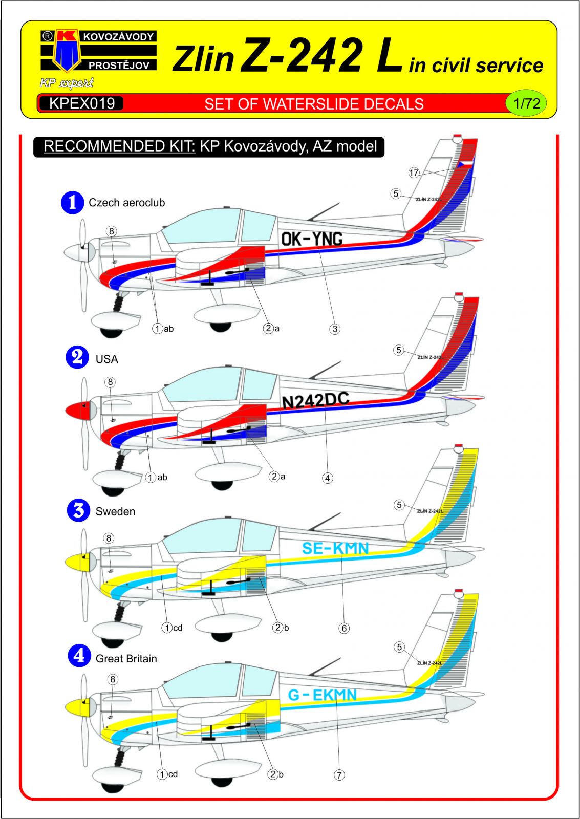 Kovozavody Prostejov EX7219 1:72 Zlin Z-242L in Civil Service Decal Set