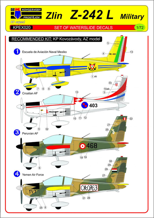 Kovozavody Prostejov EX7220 1:72 Zlin Z-242L Military Decal Set