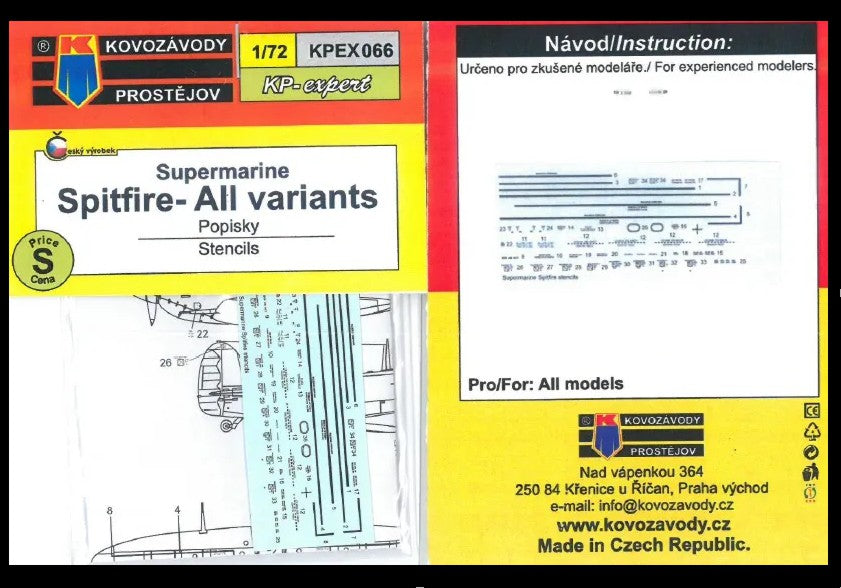 Kovozavody Prostejov KPEX066 1:72 Supermarine Spitfire stencils - all variants