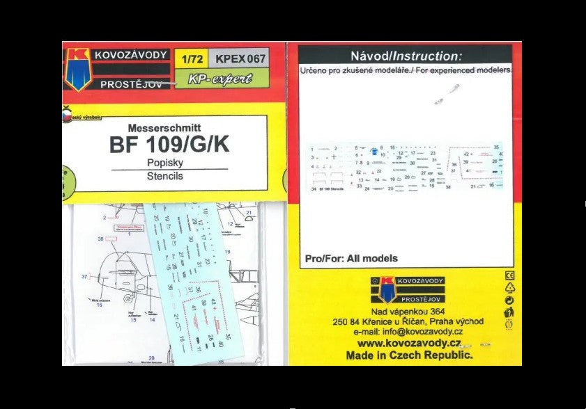 Kovozavody Prostejov EX7267 1:72 Messerchmitt Bf-109G/K stencils