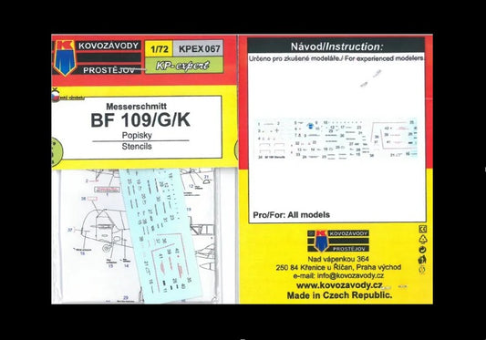 Kovozavody Prostejov EX7267 1:72 Messerchmitt Bf-109G/K stencils